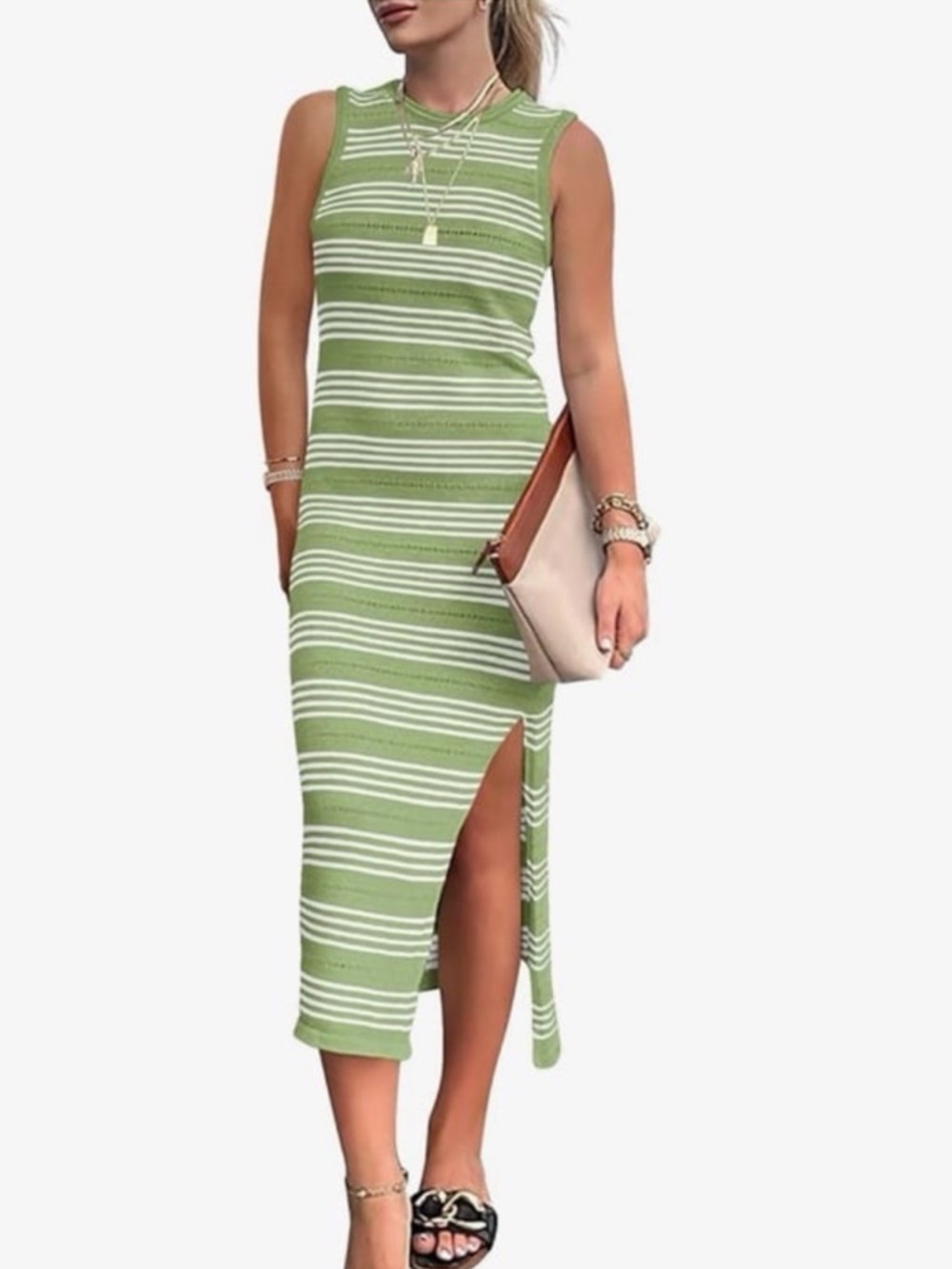 Prettygarden Sleeveless Green Striped Midi Dress with Side Slit